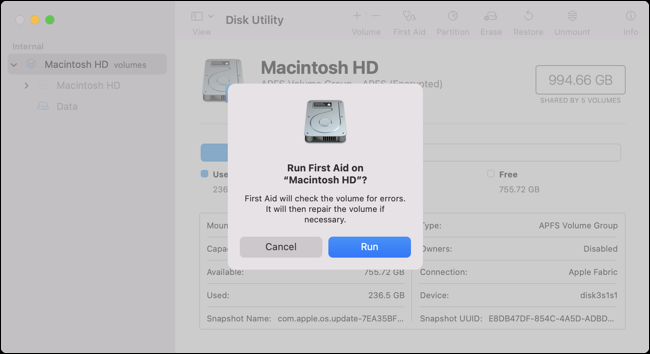 Запустите первую помощь в Дисковой утилите на macOS