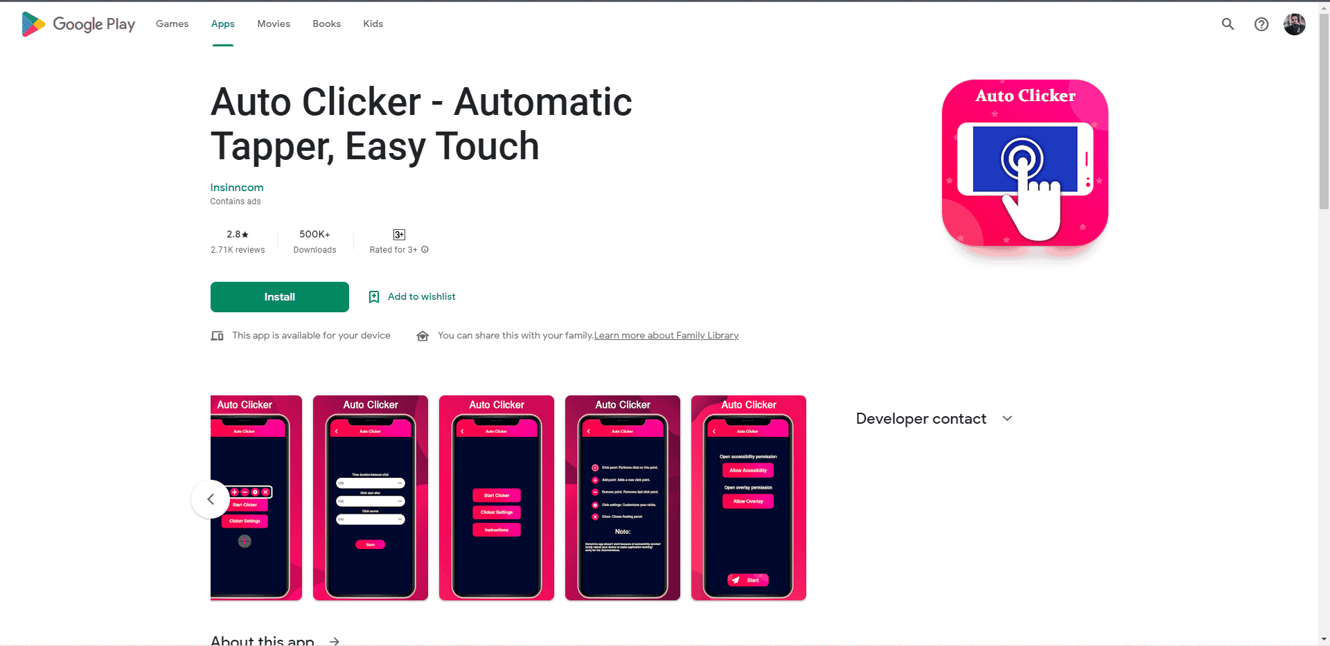 Otomatik Tapper Easy Touch Play Store web sayfası. Android Oyunları için En İyi Otomatik Tıklama Uygulamaları