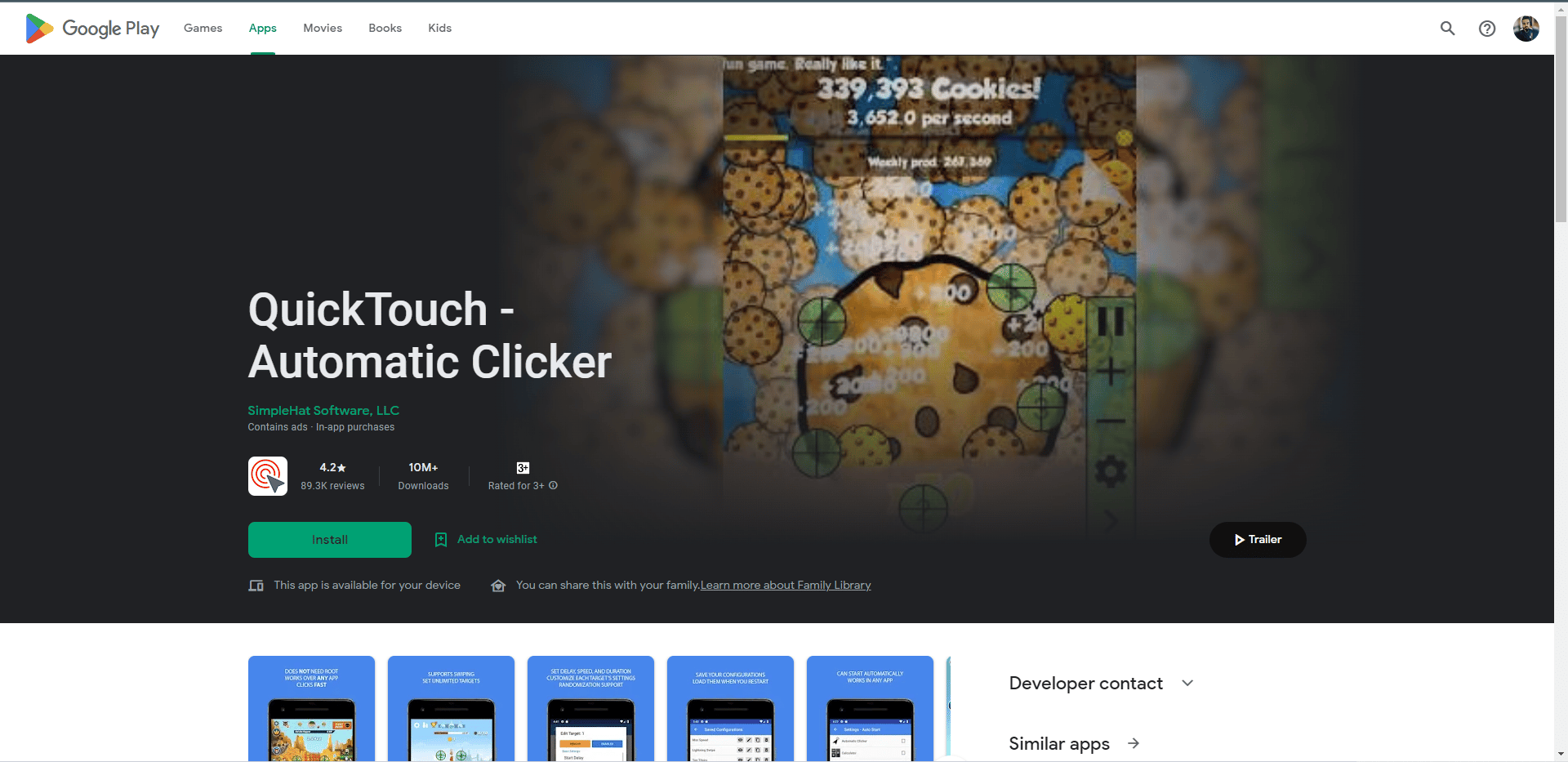 QuickTouch Play Store web sayfası