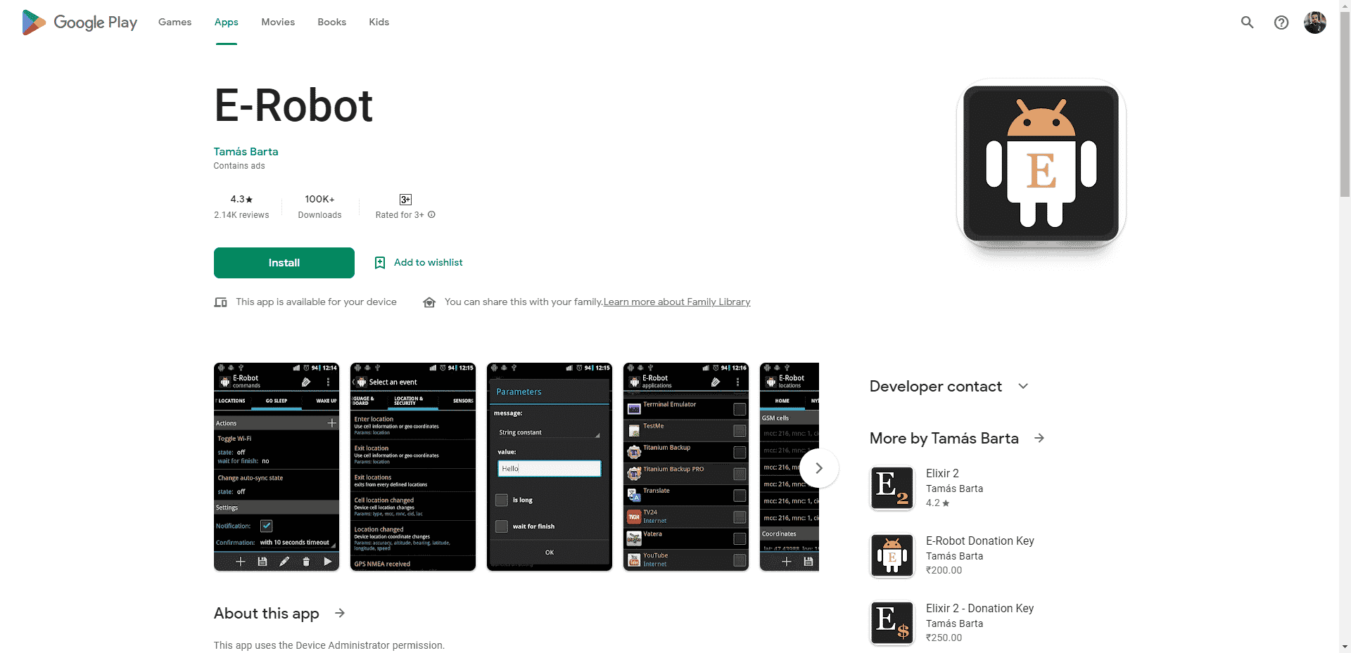 E Robot Play Store web sayfası. Android Oyunları için En İyi Otomatik Tıklama Uygulamaları