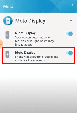 В меню настроек Moto Display коснитесь переключателя Moto Display, чтобы выключить его.