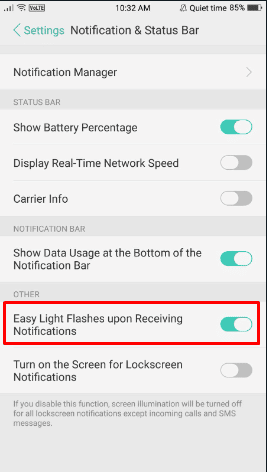 Переключите опцию Easy Light Flashings on Receive Notifications, чтобы включить светодиодные индикаторы для уведомления.