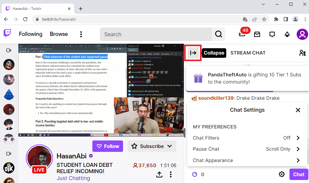 Нажмите кнопку «Свернуть». Fix Twitch не может подключиться к чату