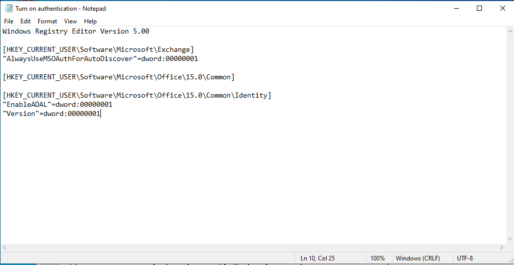 Nel Blocco note copia e incolla il seguente Editor del registro di Windows versione 5 5 00 HKEY CURRENT USER Software Microsoft Exchange AlwaysUseMSOAuthForAutoDiscover dword 00000001 HKEY CURRENT USER Software Microsoft Office 15 0 Common HKEY CURRENT USER Software Microsoft Office 15 0 Common Identity EnableADAL dword 00000001 Versione dword 00000001