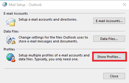 Fare clic su Mostra profili nella finestra di dialogo Configurazione posta Outlook. Il messaggio di errore di correzione non può essere inviato in questo momento, riprova più tardi