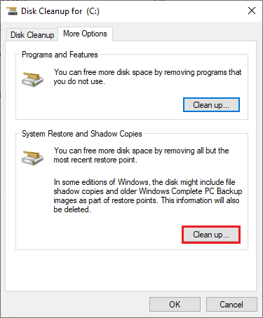 สลับไปที่แท็บ More Options แล้วคลิกปุ่ม Clean up… ใต้ System Restore และ Shadow Copies แก้ไขไม่สามารถอัปเดต World of Warcraft BLZBNTAGT00000840 ข้อผิดพลาด