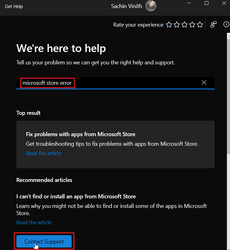 suchen sie nach microsoft store error und klicken sie auf support kontaktieren. Beheben Sie den Microsoft Store-Fehlercode 0xc03f300d