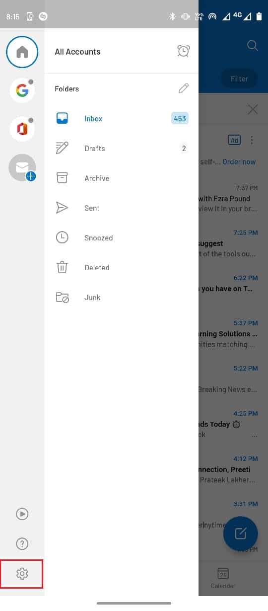 Wählen Sie das Symbol Einstellungen. Beheben Sie das Senden Ihrer Nachricht auf Outlook Mobile derzeit nicht