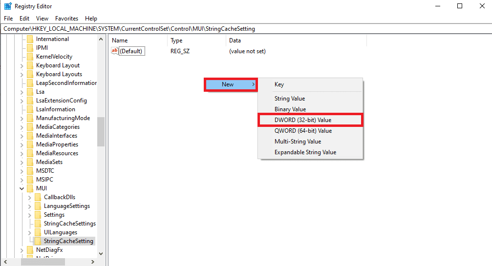 faites un clic droit sur le panneau et cliquez sur la nouvelle valeur DWORD 32 bits