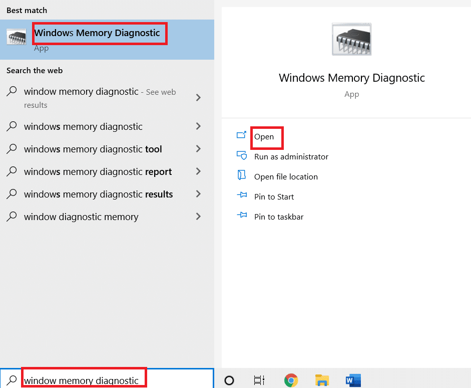 Ouvrir le diagnostic de la mémoire Windows