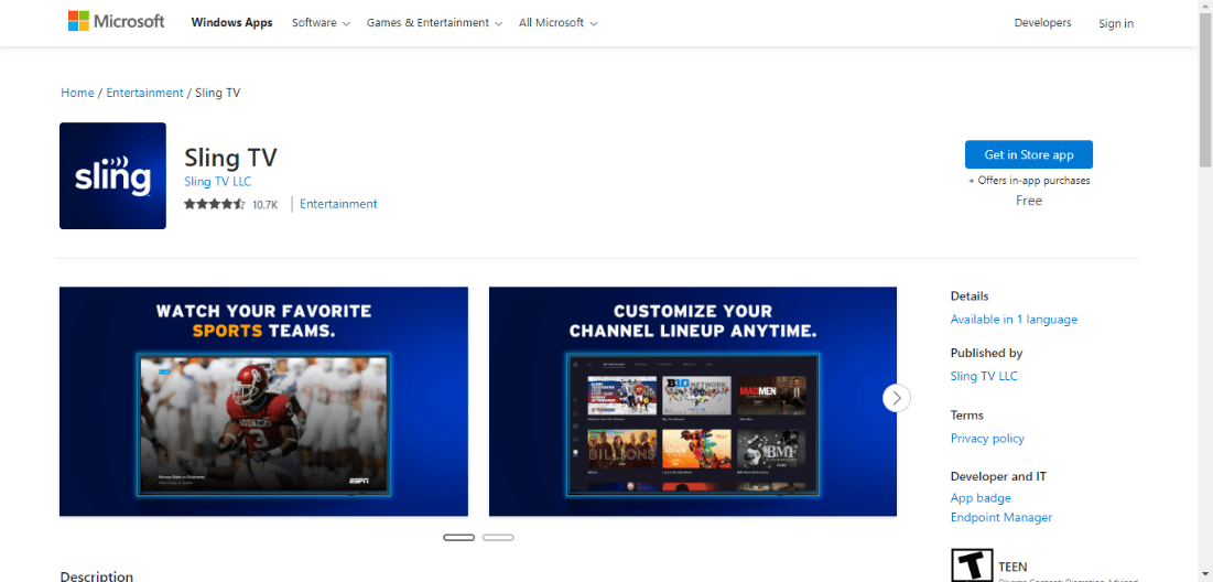 Pagina del microsoft store di Sling TV. Correggi l'errore Sling 8 4612 in Windows 10