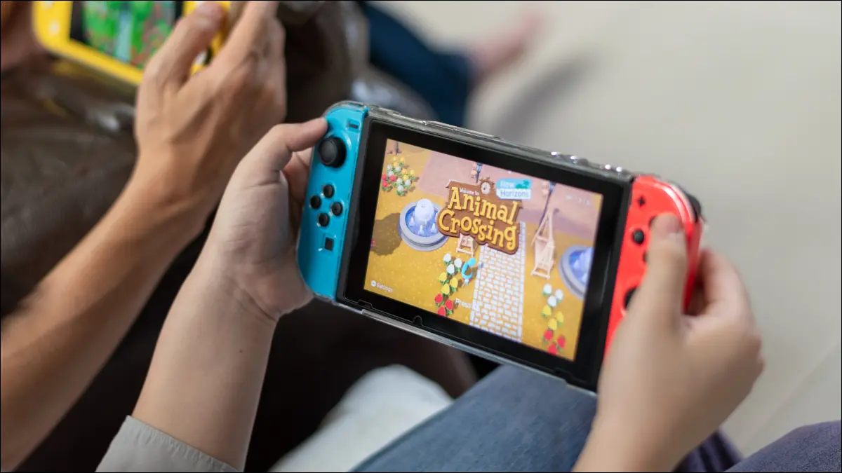 どうぶつの森が画面に表示されているNintendo Switchを手に持っている人。