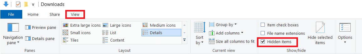 buka tab Lihat dan centang kotak sebelum opsi Item tersembunyi. Perbaiki Scripted Diagnostics Native Host Tidak Berfungsi