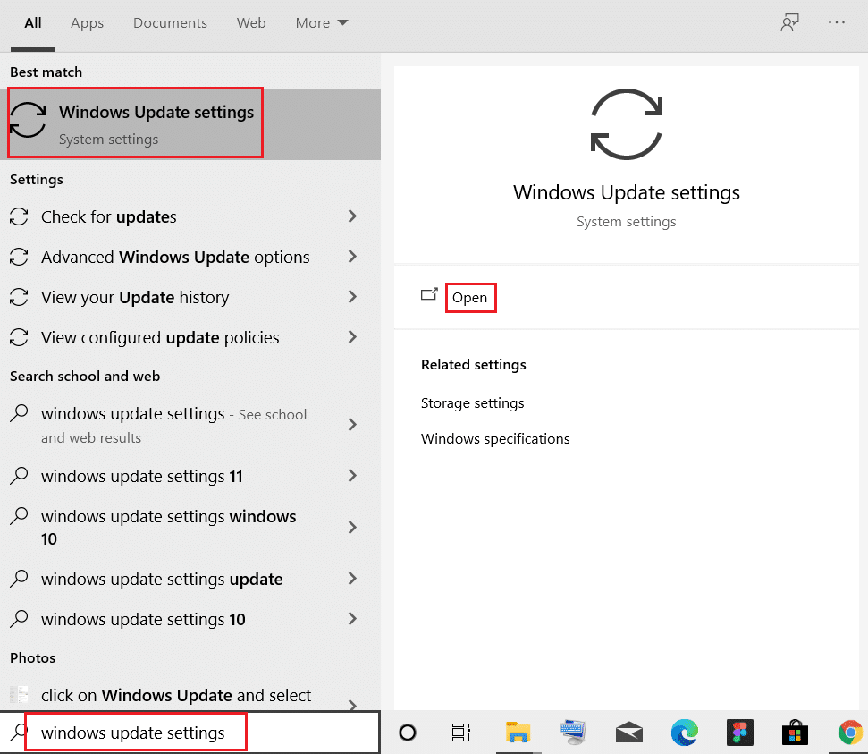 căutați setările de actualizare Windows și faceți clic pe Deschidere