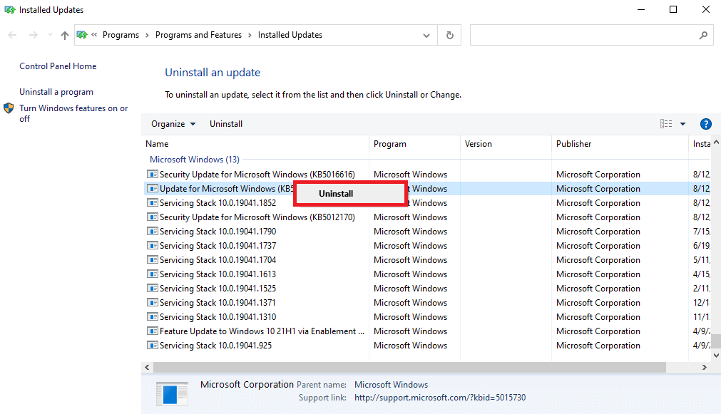 din lista cu toate actualizările recente, localizați și faceți clic dreapta pe actualizarea care a început să cauzeze probleme computerului dvs. și faceți clic pe dezinstalare