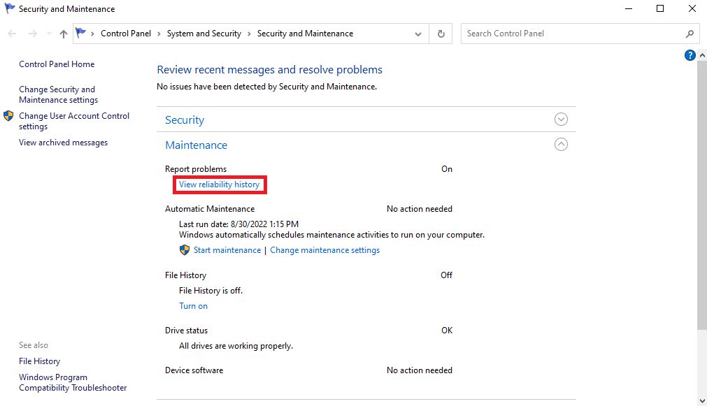Faceți clic pe Vezi istoricul de fiabilitate. Remediați gazda nativă de diagnosticare scriptată nu funcționează