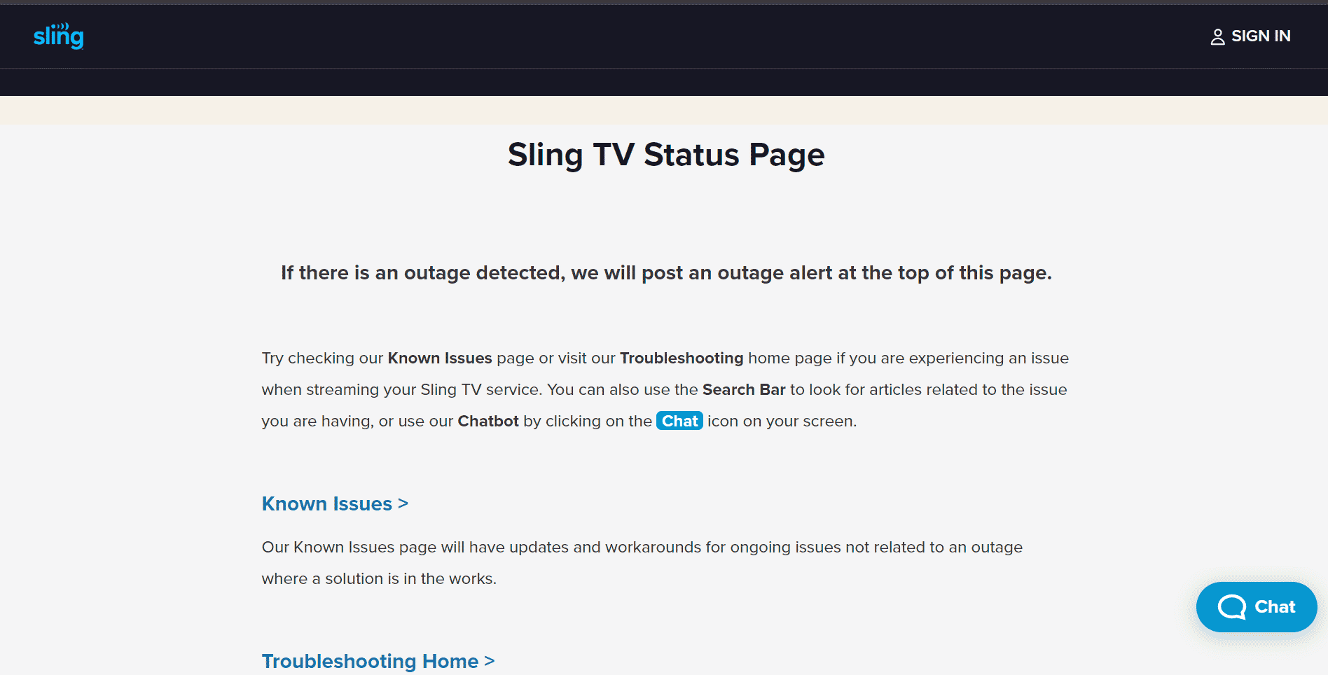 Pagina de stare Sling TV