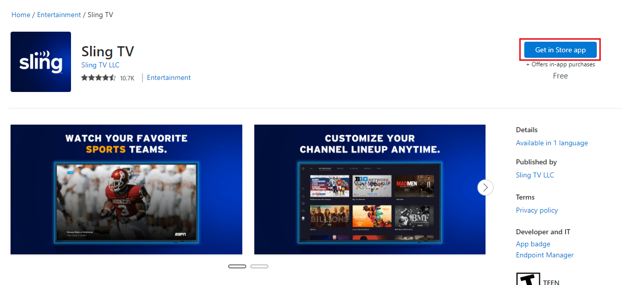 Klik pada aplikasi Dapatkan di Toko. Perbaiki Kesalahan Sling TV 8-12 di Windows 10
