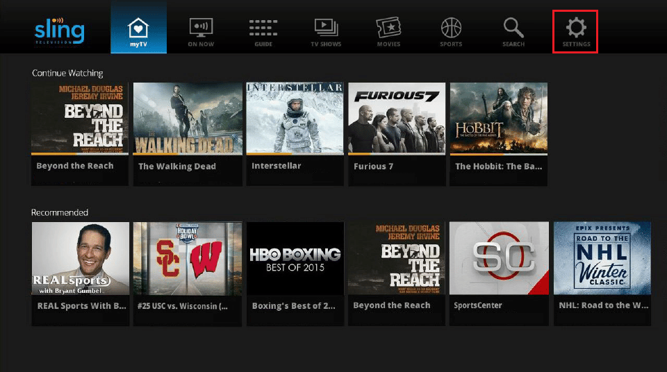 pilih pengaturan di aplikasi Sling TV. Perbaiki Kesalahan Sling TV 8-12 di Windows 10