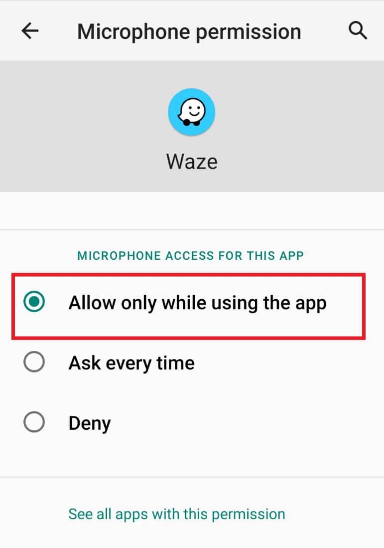 Sélectionnez Autoriser uniquement lors de l'utilisation de l'application