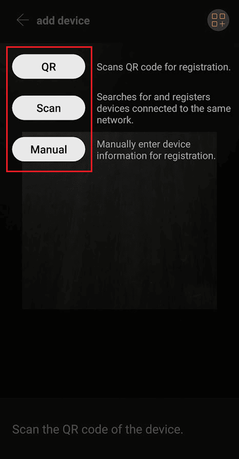 agregue un dispositivo Wisenet y conéctelo a su teléfono. QR, escanear o manual