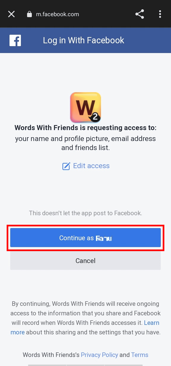 [ユーザー名] として続行をタップして、Facebook に接続します | Friends 2アカウントで言葉を取り戻す方法