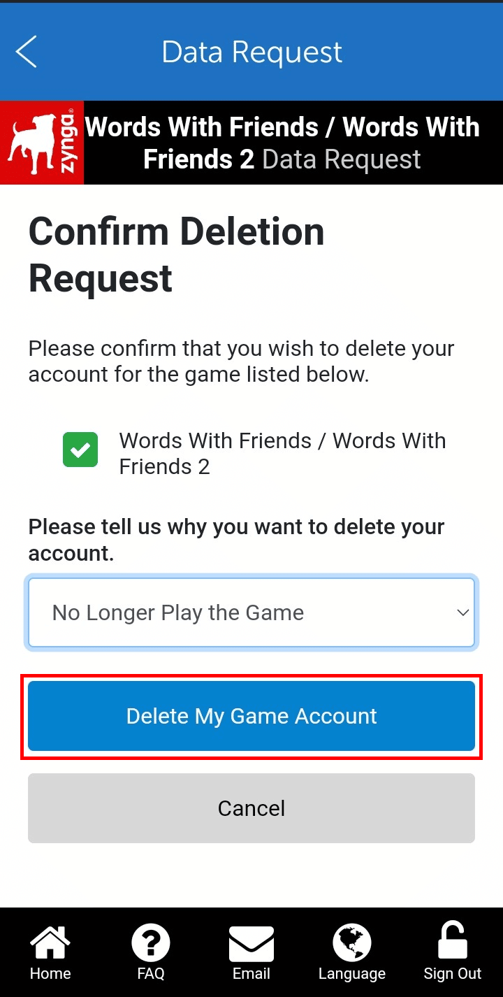 Seleccione un motivo y toque Eliminar mi cuenta de juego