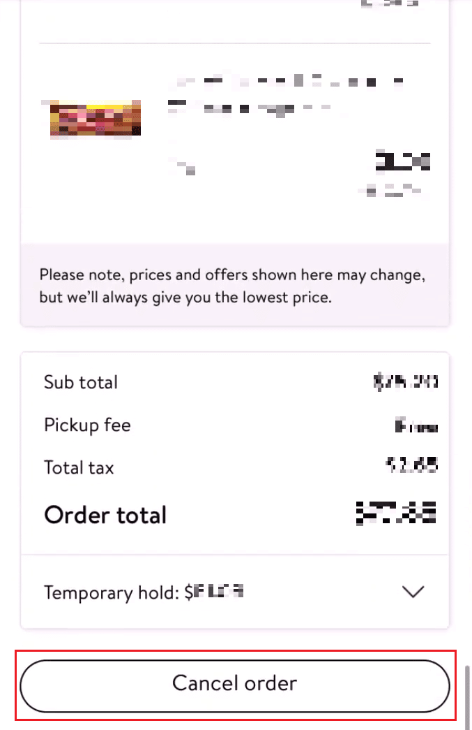 Geser ke bawah ke bawah dan ketuk Batalkan pesanan | apa yang terjadi jika Anda tidak mengambil pesanan Walmart