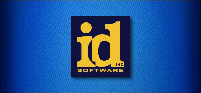 青色の背景に古典的な id Software のロゴ