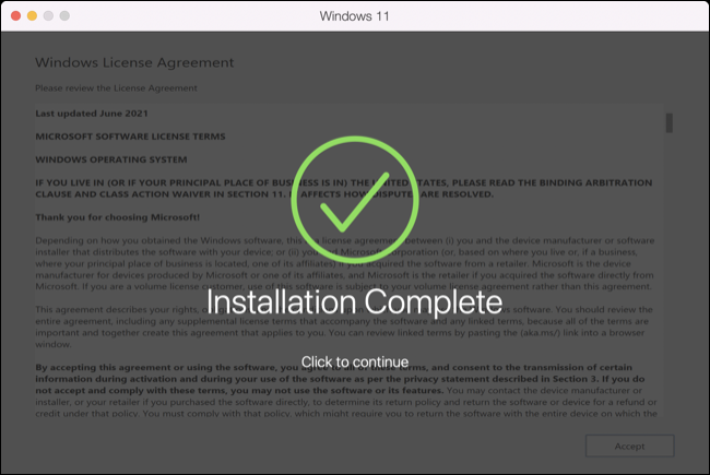 Installation Windows de Parallels Desktop 18 terminée