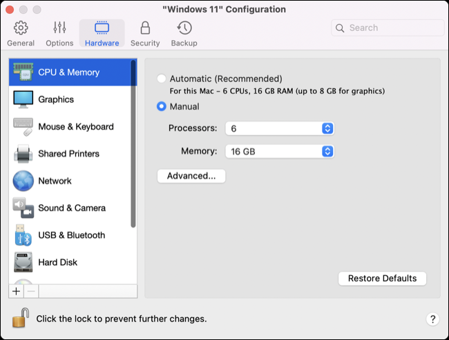 Configuración de hardware de Parallels Desktop 18