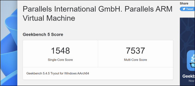 Puntuación Geekbench de Parallels Desktop 18