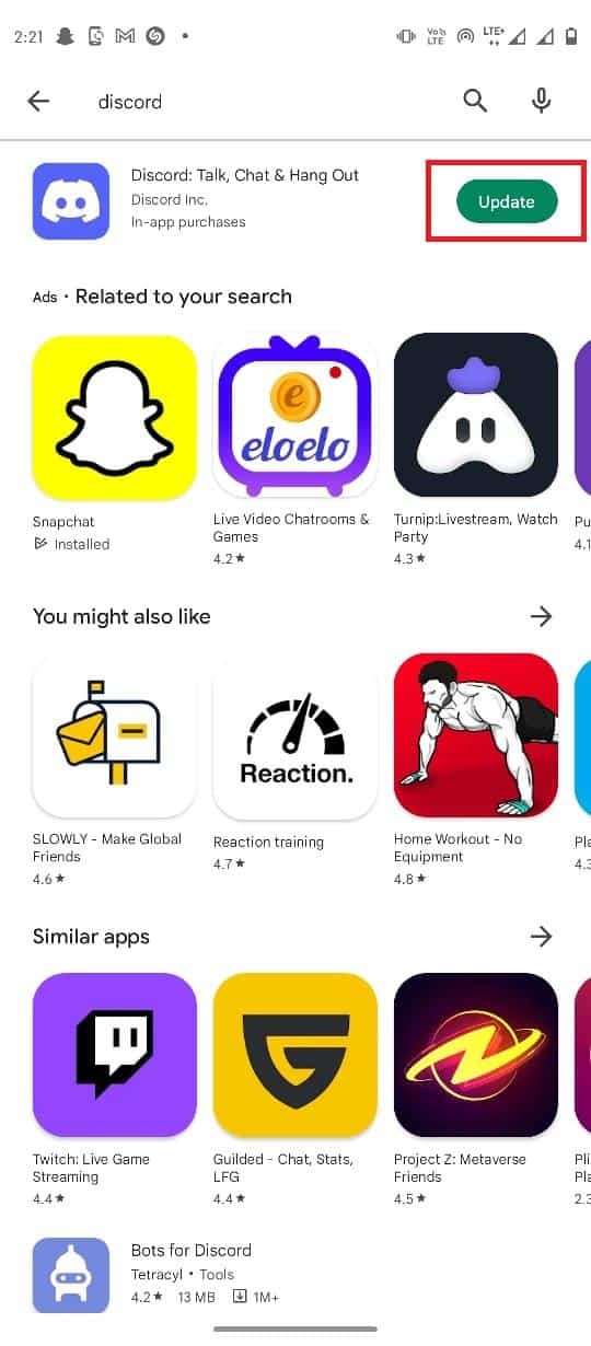 Sélectionnez Discord dans les résultats de la recherche et appuyez sur le bouton Mettre à jour