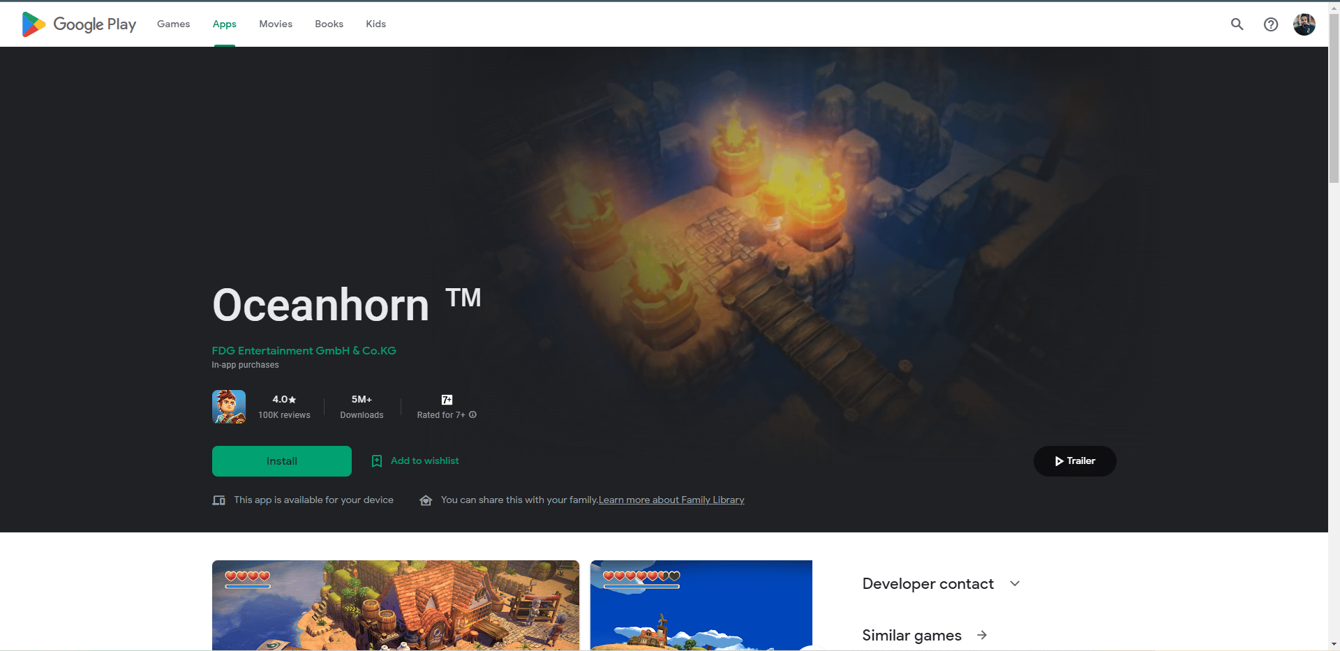 Página da Oceanhorn Play Store