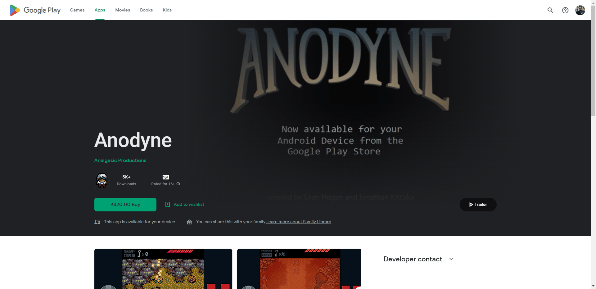 Página da Anodyne Play Store