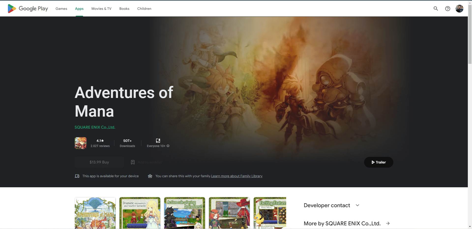 Adventures of Mana Play Store-Webseite