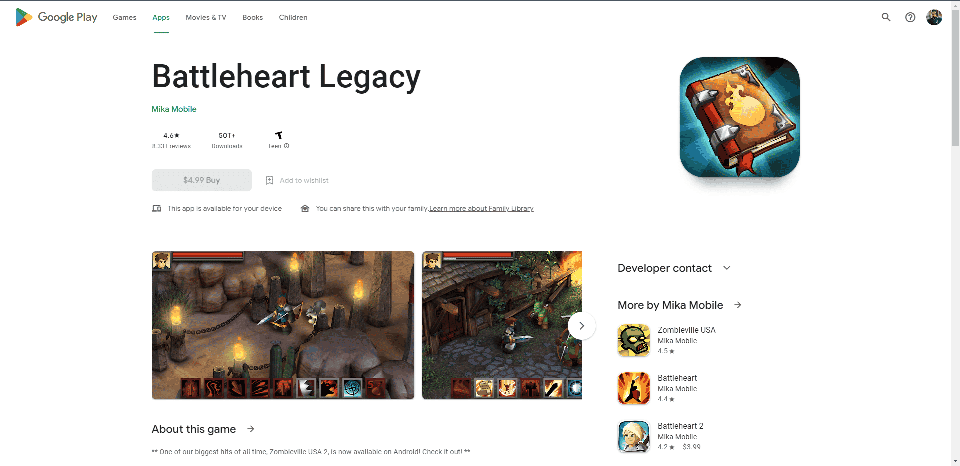 Battleheart Legacy Play Store-Webseite