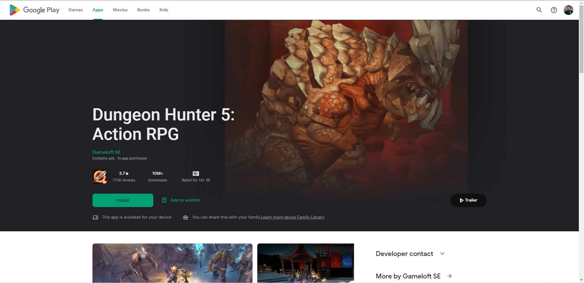 Página da Play Store de Dungeon Hunter 5. Melhores jogos como Legend of Zelda para Android