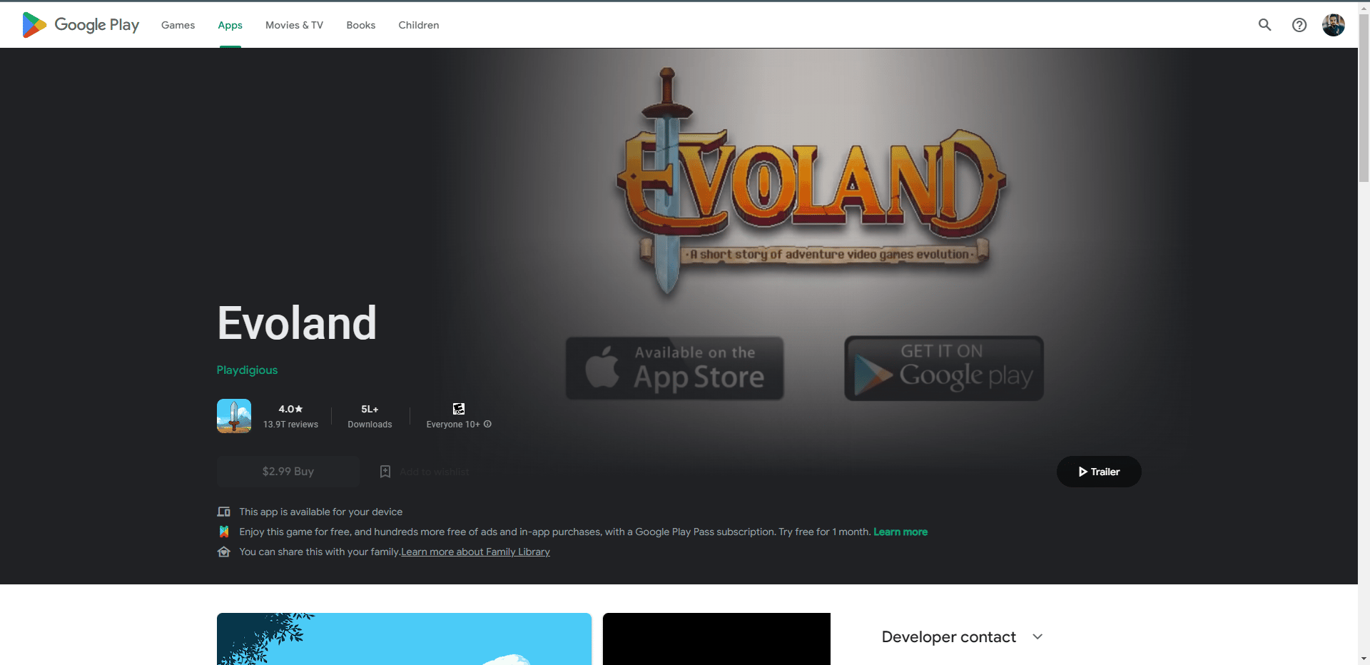 Evoland Play Store-Webseite