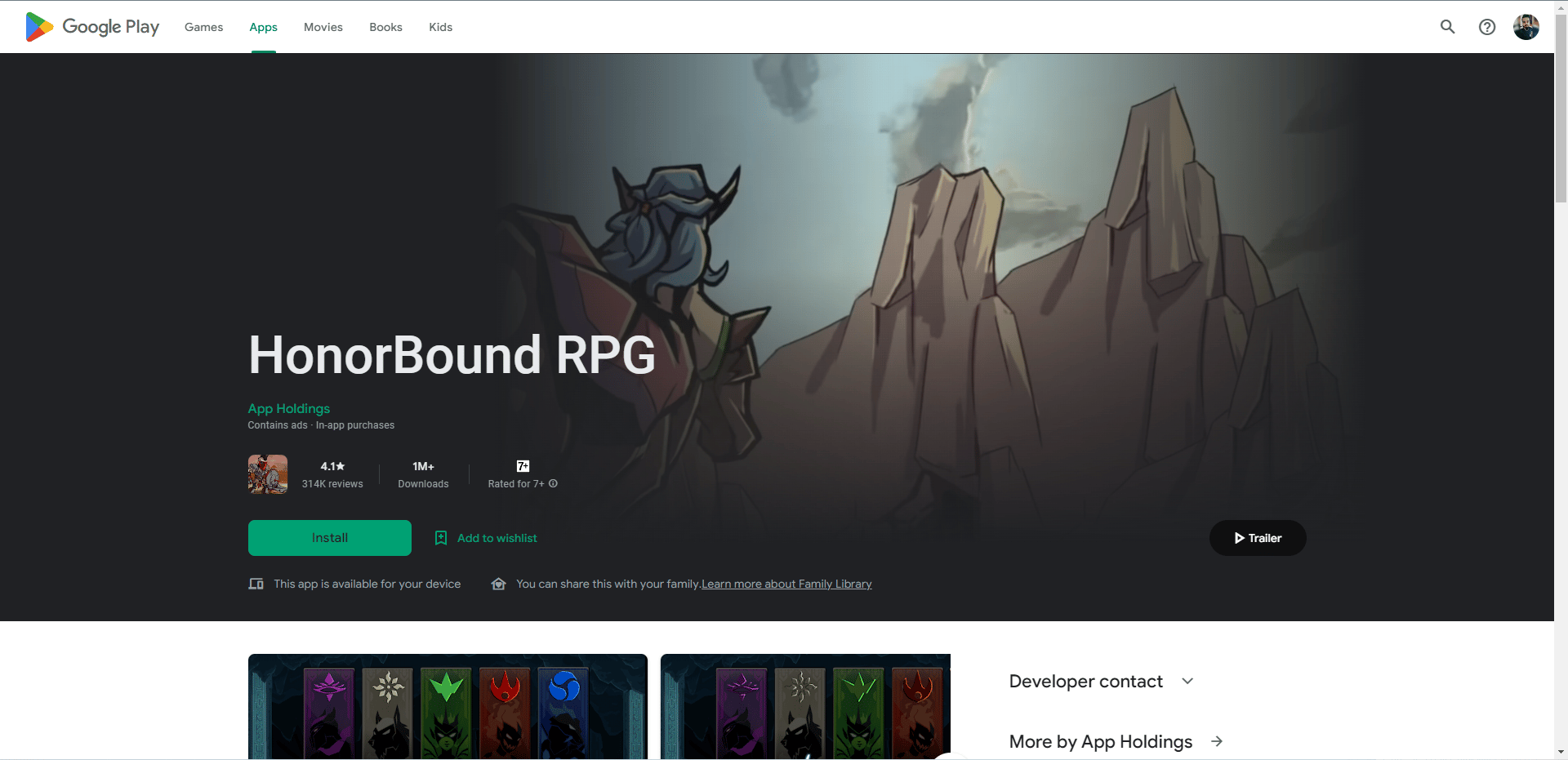 Página da loja de jogos HonorBound RPG