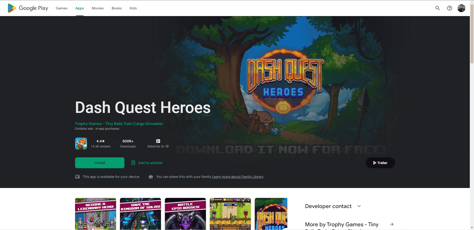 Página da loja de jogos Dash Quest Heros. Melhores jogos como Legend of Zelda para Android