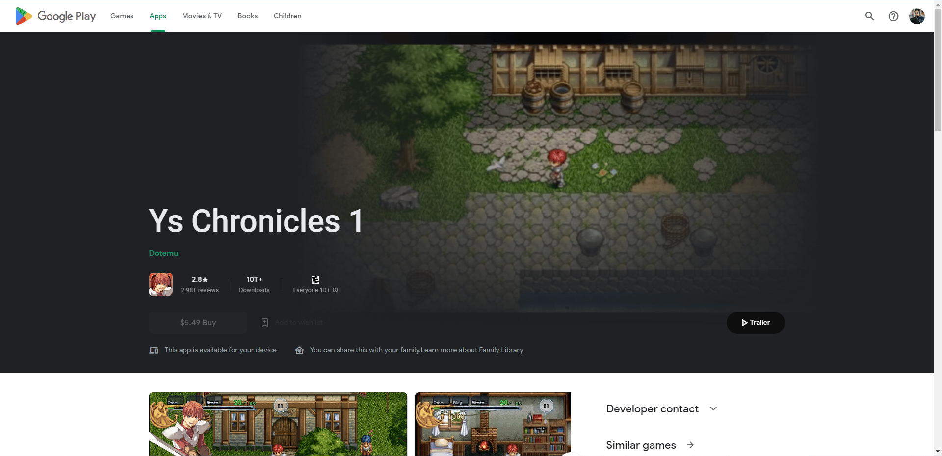 Ys Chronicles 1 Play Store-Webseite