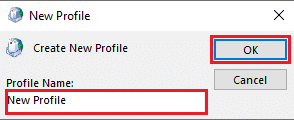 Nomeie o perfil e clique em OK. Corrigir este não é um Outlook de nome de arquivo válido