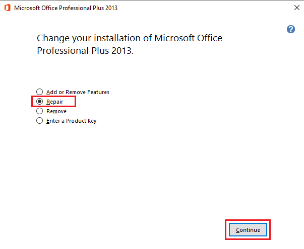 在 Microsoft Office 窗口中选择修复并单击继续。修复 Office 365 保存错误时文件名无效