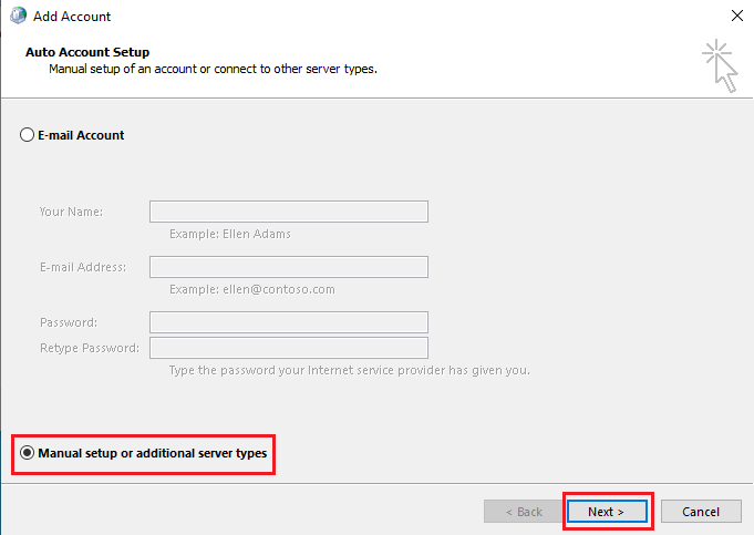 Seleccione Configuración manual o tipos de servidores adicionales y haga clic en Siguiente. Arreglar Office 365 El nombre de archivo no es válido al guardar el error