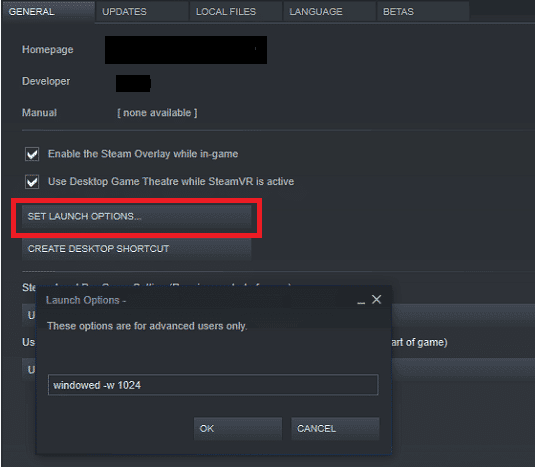 Opciones de lanzamiento de Steam Set