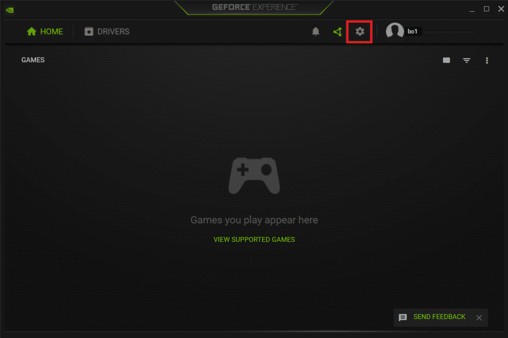 haga clic en el icono de configuración en la experiencia de geforce