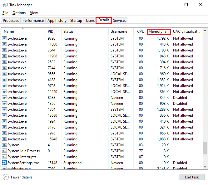 przejdź do zakładki Szczegóły i monitoruj szczegóły użytkowania aplikacji. Napraw błąd aplikacji TslGame.exe w systemie Windows 10