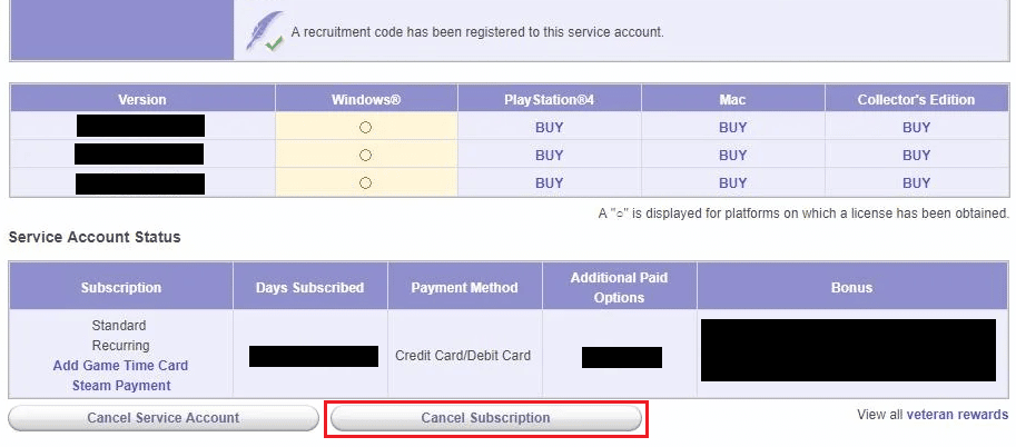 Faceți clic pe Anulare abonament sub Stare contului de serviciu