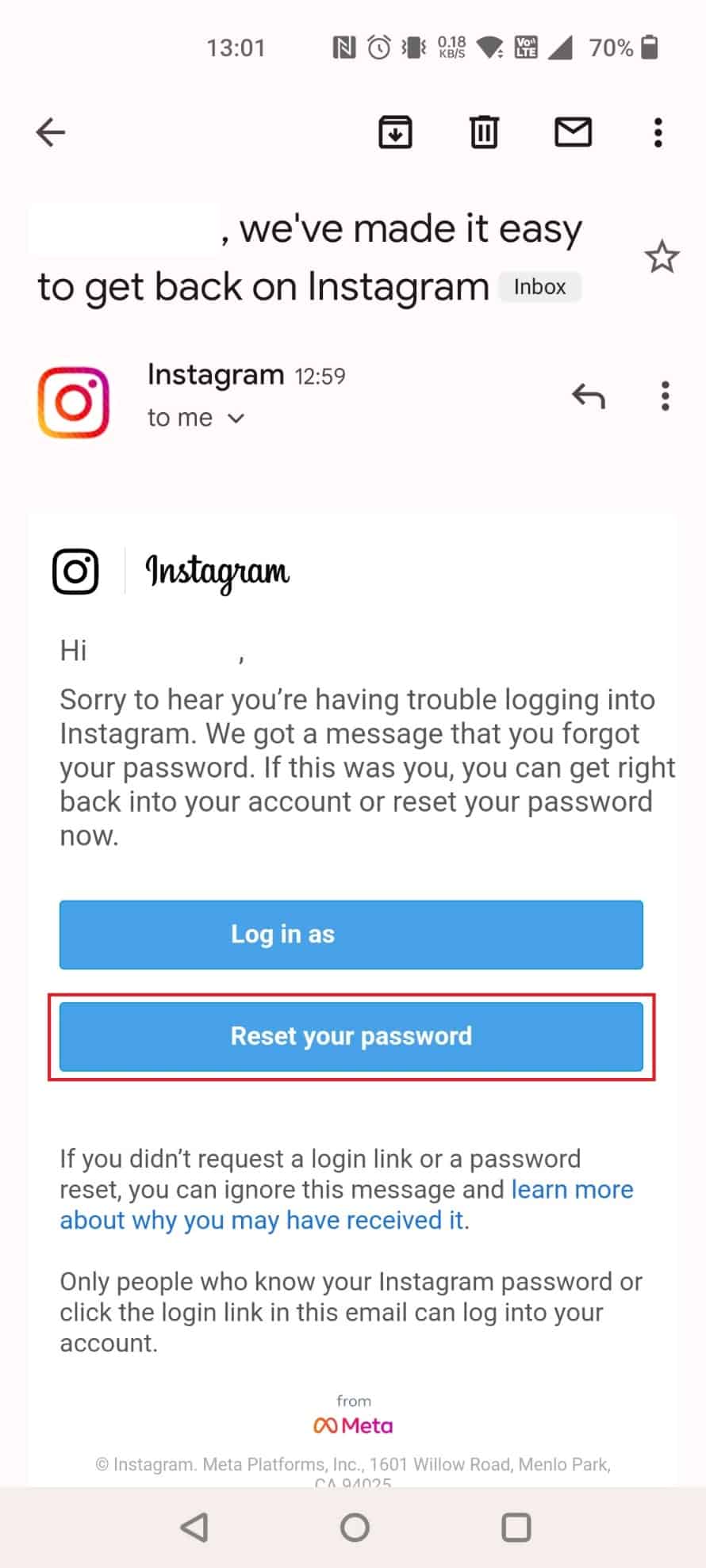 Abra o e-mail enviado do Instagram e toque em Redefinir sua senha | limpando o cache excluir fotos no Instagram